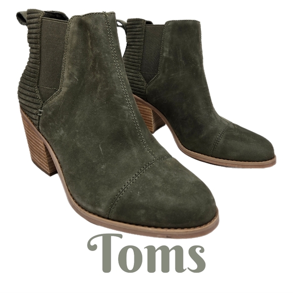 Toms Everly Womens Pull On Booties Sz 9 Olive Green Nubuck Leather Block Heel - Picture 1 of 12